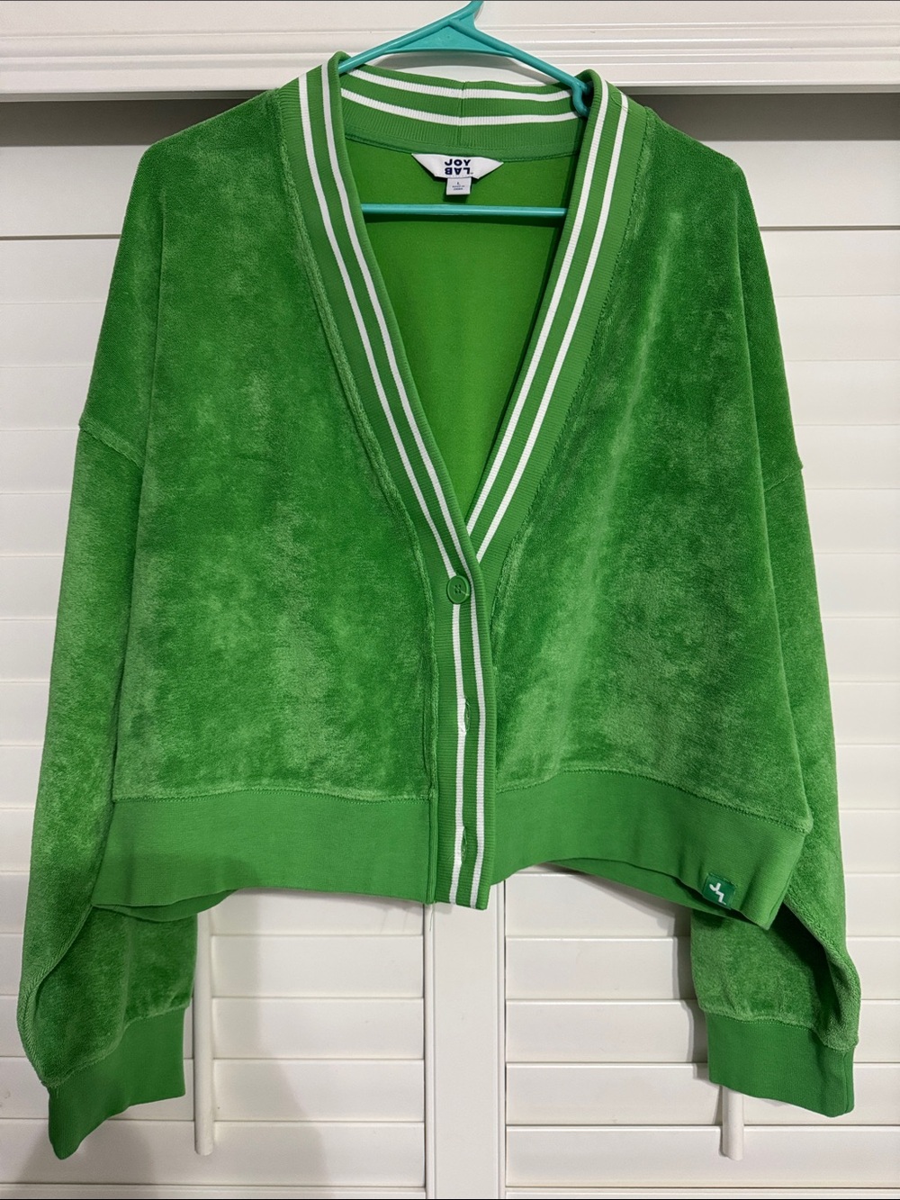 JoyLab Bright Green Velour V-Neck Cardigan with Striped Trim